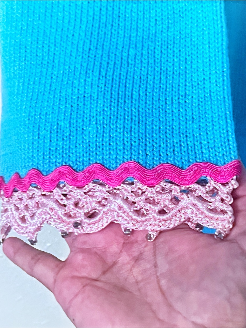 Storybook Knits NWT VINTAGE STRAWBERRY Cardigan Blue Crochet Trim Sweater - Picture 12 of 13